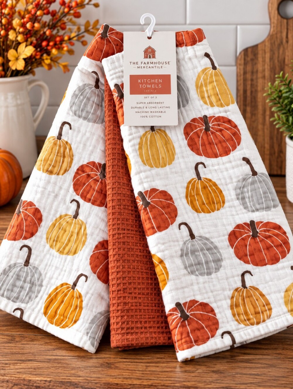 The Farmhouse Mercantile Pumpkin Kitchen Towel Set - Orange, Yellow & Gray